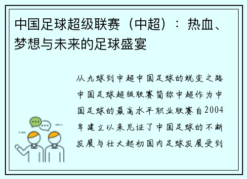 中国足球超级联赛（中超）：热血、梦想与未来的足球盛宴