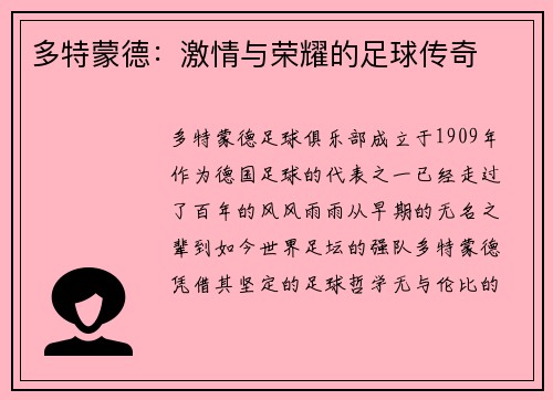多特蒙德：激情与荣耀的足球传奇