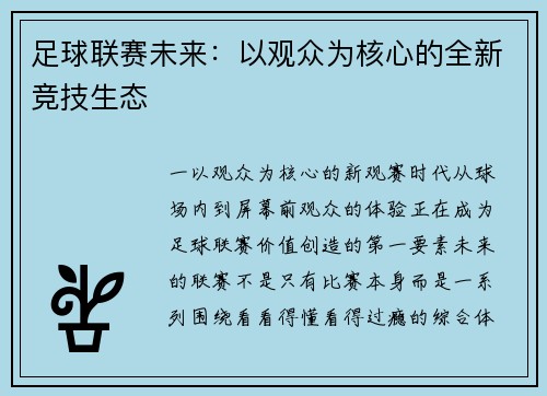 足球联赛未来：以观众为核心的全新竞技生态