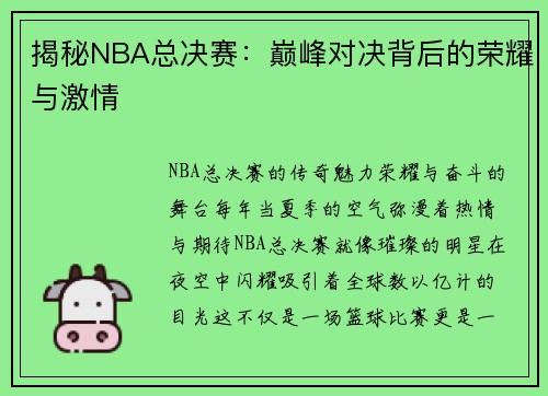 揭秘NBA总决赛：巅峰对决背后的荣耀与激情